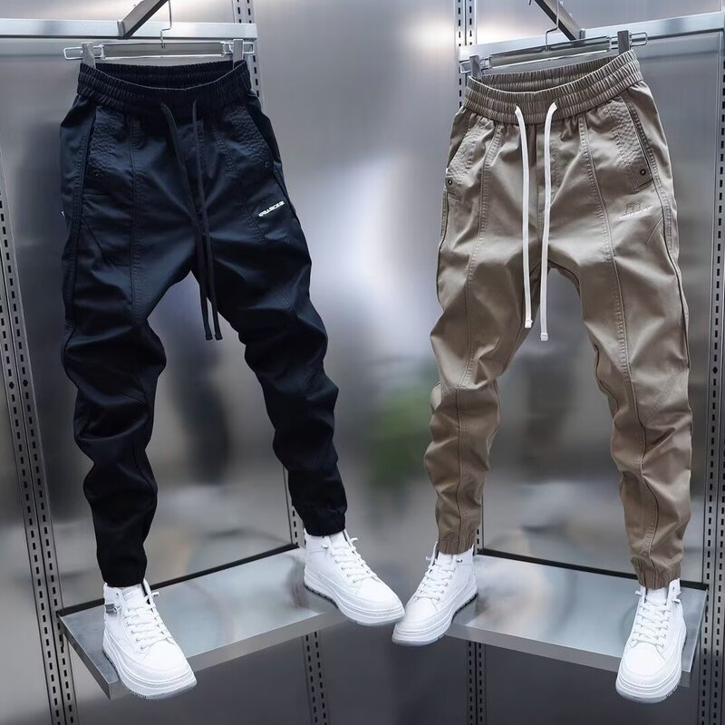 2026 Men's Solid Color Embroidered Patchwork Casual Pants Elastic Waist Jogger Pants Autumn Winter Slim Fit Pants