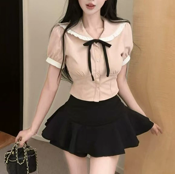 Милый комплект из двух предметов в студенческом стиле для маленьких женщин, нежно-розовая рубашка с короткими рукавами, пышная юбка с высокой талией, брюки, костюм jk