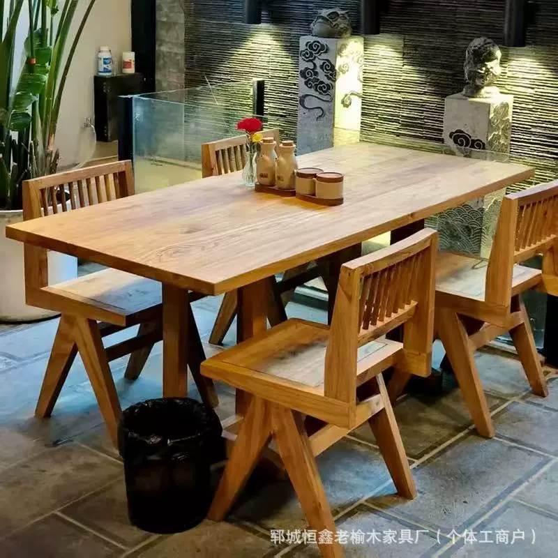 可定做餐桌西餐厅方桌面馆桌简约老榆木原木桌椅拼花桌咖啡桌