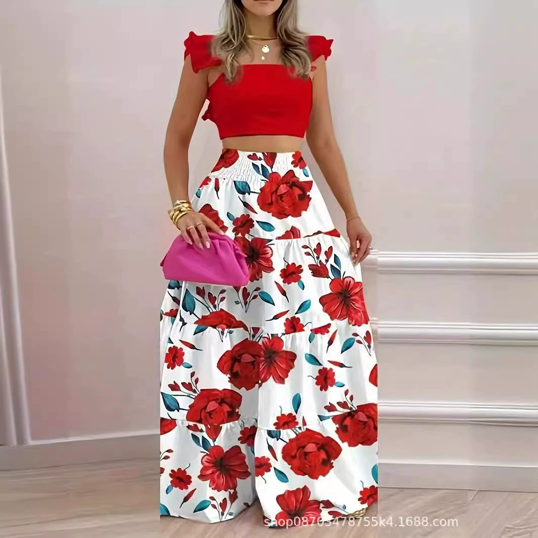 2024 трансграничный спот Европа и США новая независимая станция красная печать большая юбка без рукавов кружева блузка юбка