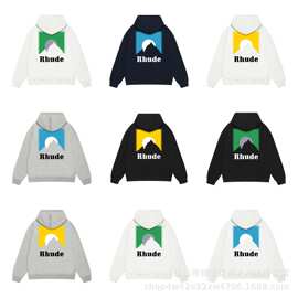 跨境美式潮牌街头Rhude 日落太阳字母印花重磅宽松纯棉连帽卫衣