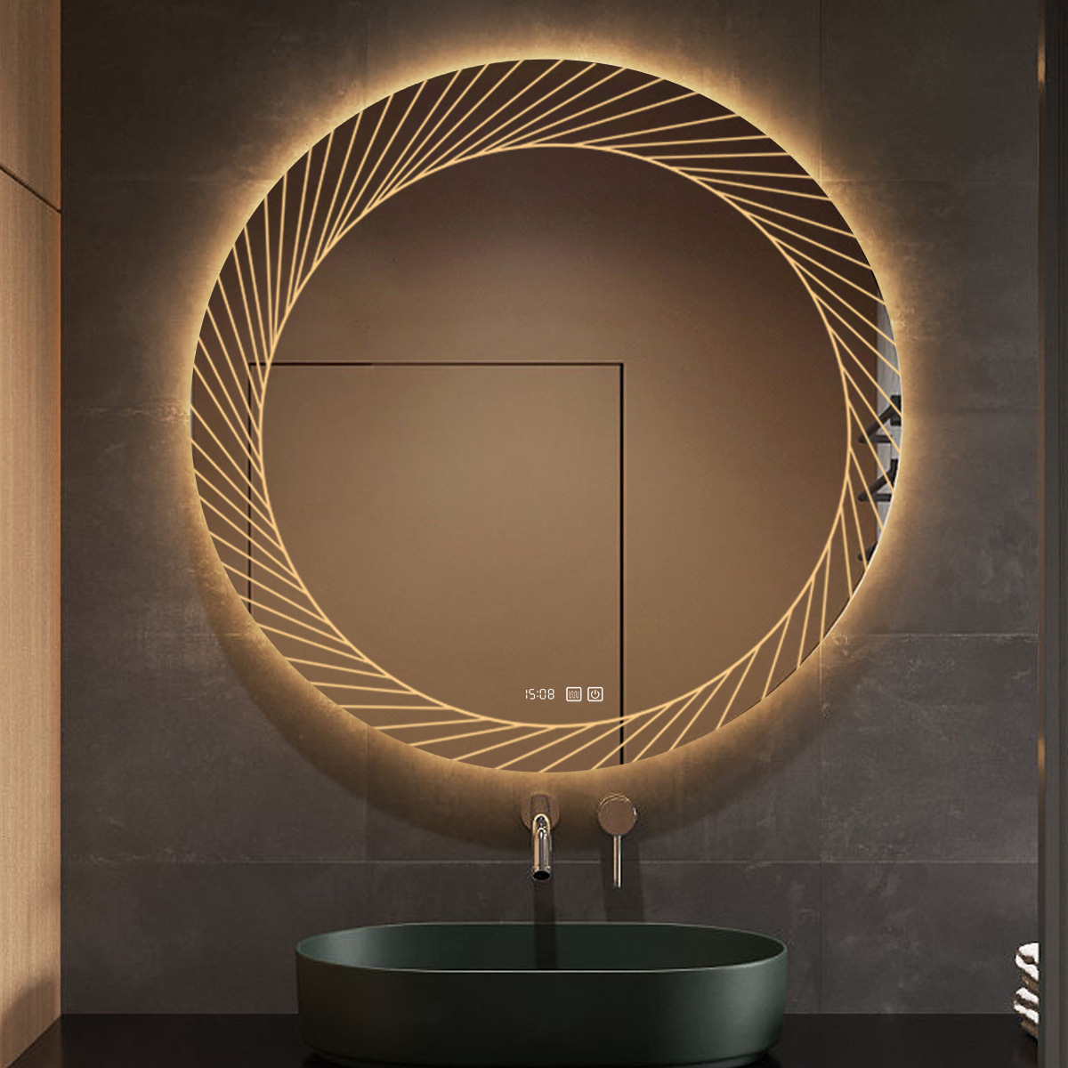 Espejo de baño inteligente comercial espejo de inodoro pared espejo de maquillaje LED iluminante antiniebla pantalla táctil láser nuevo