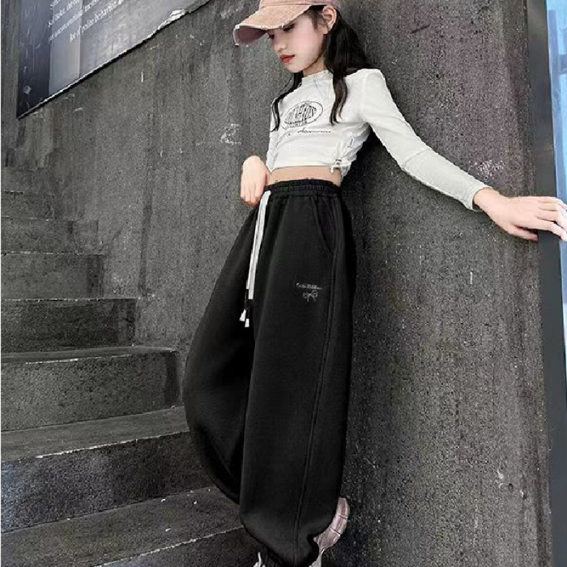 新款可代发女童冬装加绒卫裤休闲裤一体绒束脚裤