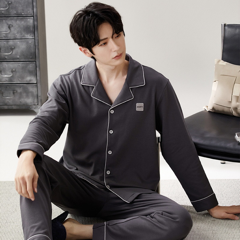 Men's Pajamas Pure Cotton Long-Sleeved Autumn and Winter Lapel Men's Cotton Youth Large Size Can Be Worn Outside Home Clothes Set