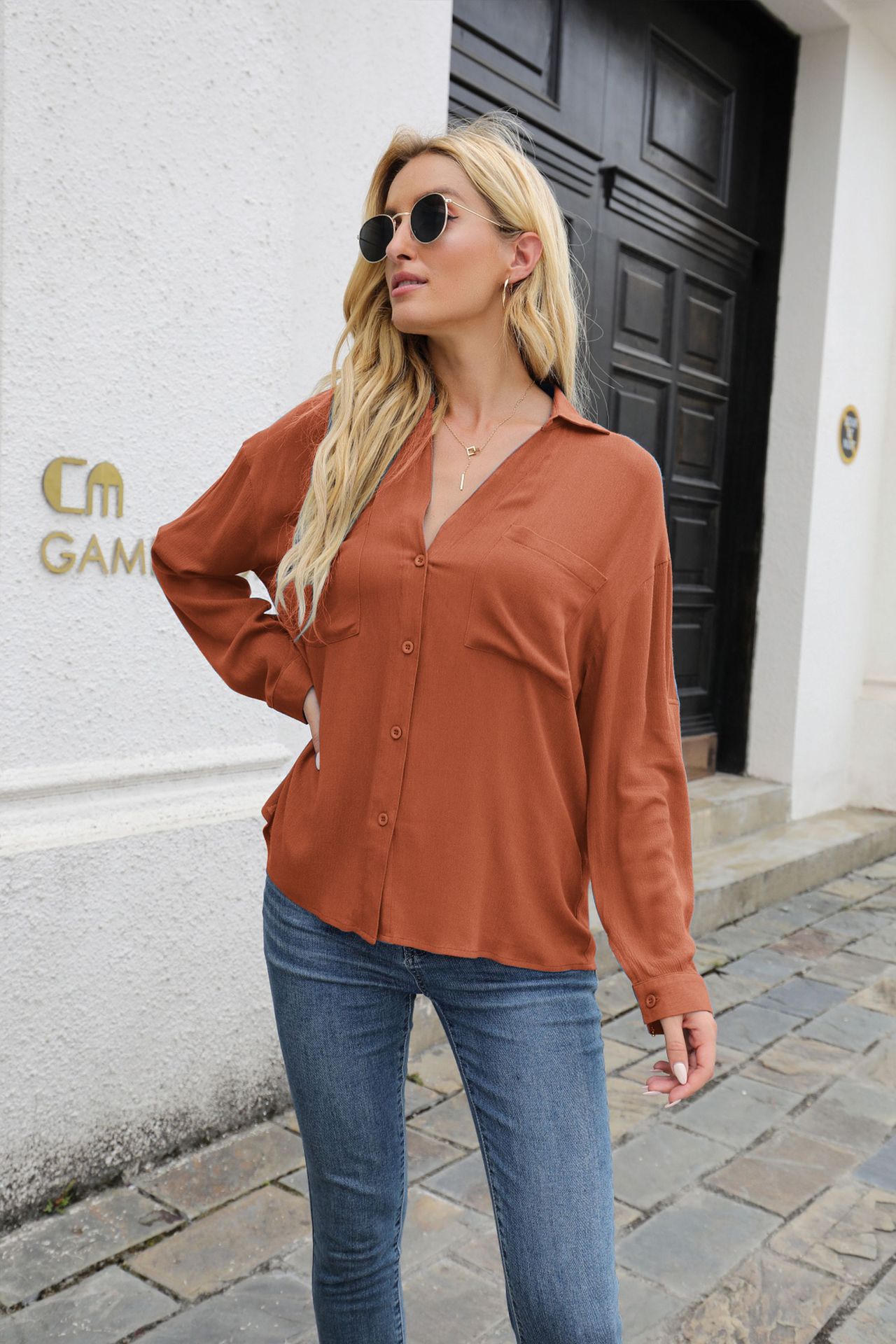 V-neck solid color single-breasted shirt nihaostyles clothing wholesale NSGYX84267