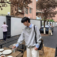 美式简约复古假两件衬衫领卫衣男秋季宽松休闲学院风长袖上衣外套