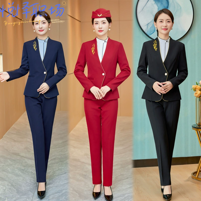 Командный костюм с длинными рукавами на свадьбу, Женская облегающая красная куртка, Униформа, из четырех предметов, стойка регистрации отеля, Женская рабочая одежда