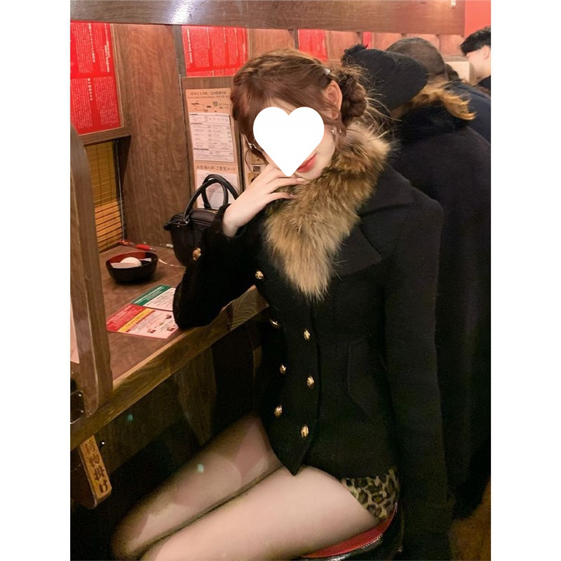 【涩谷辣妹】古早感黑色毛呢收腰短款外套+豹纹A字呢子短裙两件套