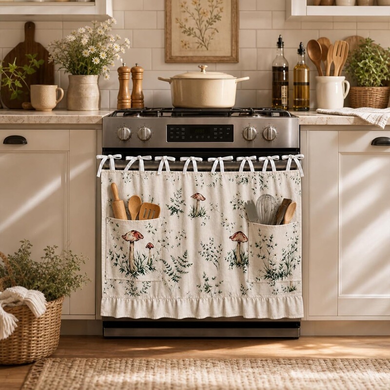 Rustic Mushroom Pattern Oven Curtain with Pleated Lace for Kitchen Stove and Cabinet, Adjustable Bow Tie Short Curtain Rustic Mushroom Pattern Oven Curtain with Pleated Lace for Kitchen Stove and Cabinet, Adjustable Bow Tie Short Curtain