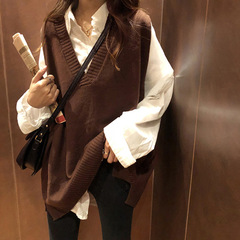 卸売りvネックのオープンフォークのメリヤスの女性の韓国版の百合のゆったりした純色はやせている袖なしのセーターのベストのコートのファッションを現します。