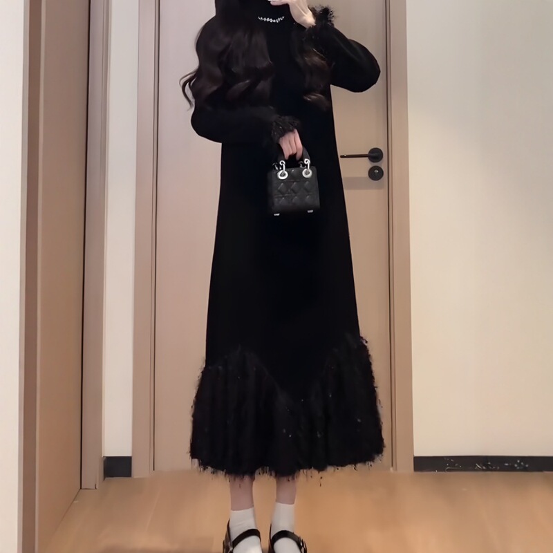 Plus Size Women's High Collar Velvet Annual Party Dress Tassel Little Black Dress Winter Fat Slimming Look Inner Knitted Dress Plus Size Women's High Collar Velvet Annual Party Dress Tassel Little Black Dress Winter Fat Slimming Look Inner Knitted Dress