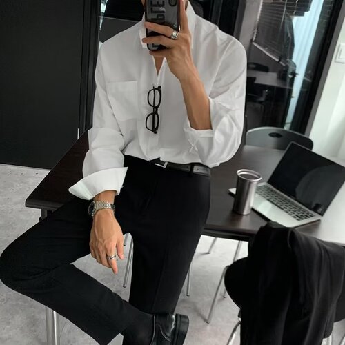 Spring/Summer New Arrival Men's Lapel Pocket-Style Loose & Cool Long-Sleeved Shirt Lightweight, Mature-Style Shirt with Drapey Fit for Young Men—Thin Outerwear
