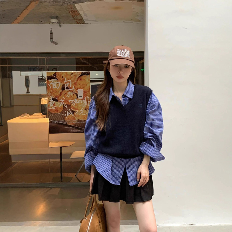 实拍miu系格子衬衫复古蓝色格纹慵懒衬衫韩系刺绣V领马甲背心套装|undefined