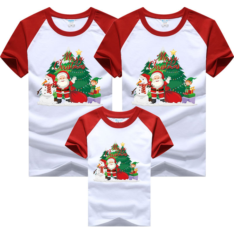 Camiseta de manga corta para padres e hijos 2024 Nuevo Año Nuevo Árbol de Navidad ropa para niños Cuello redondo europeo y americano Manga raglán Top a juego