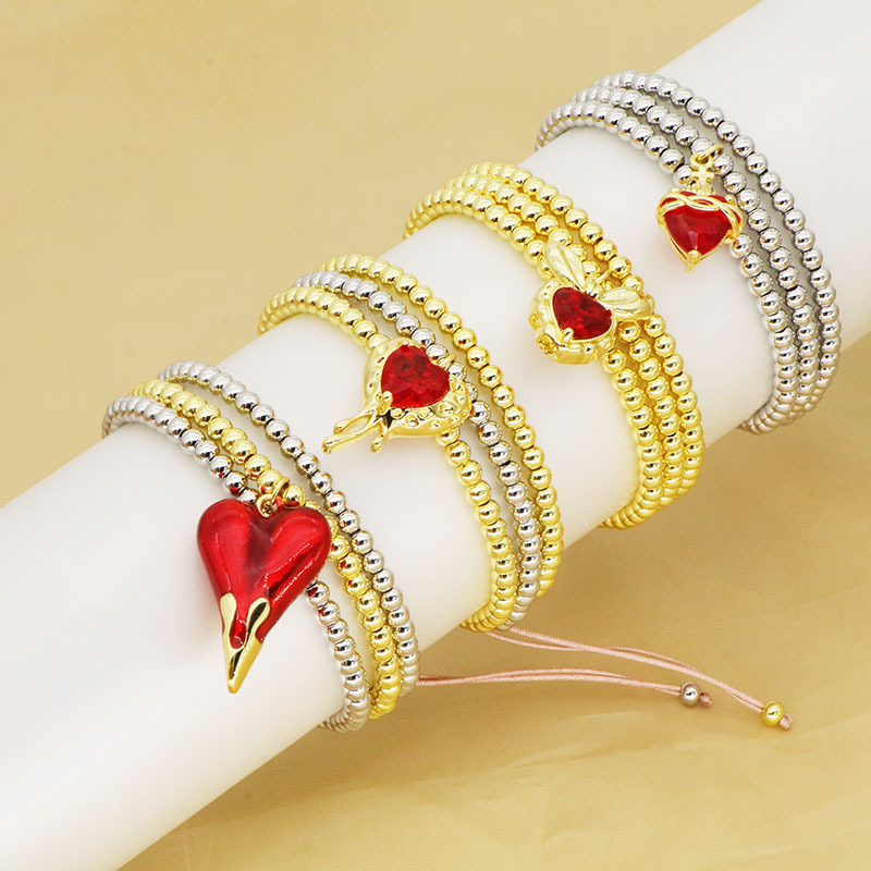33g Weight Copper Pendant Material Zircon Inlay Material Simple Style Heart Shape Zircon Rope Copper Beaded Bracelets Wholesale
