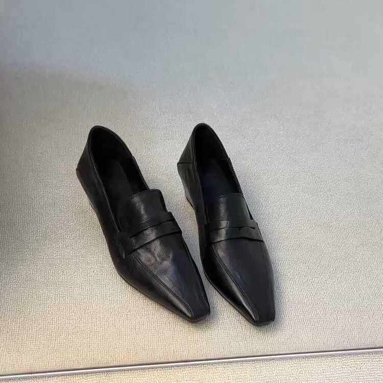 In-Stock Instant Delivery Slimming Commuter Versatile Loafers for Women, French Square-Toe Slip-On Low-Heel Elegant Leather Shoes