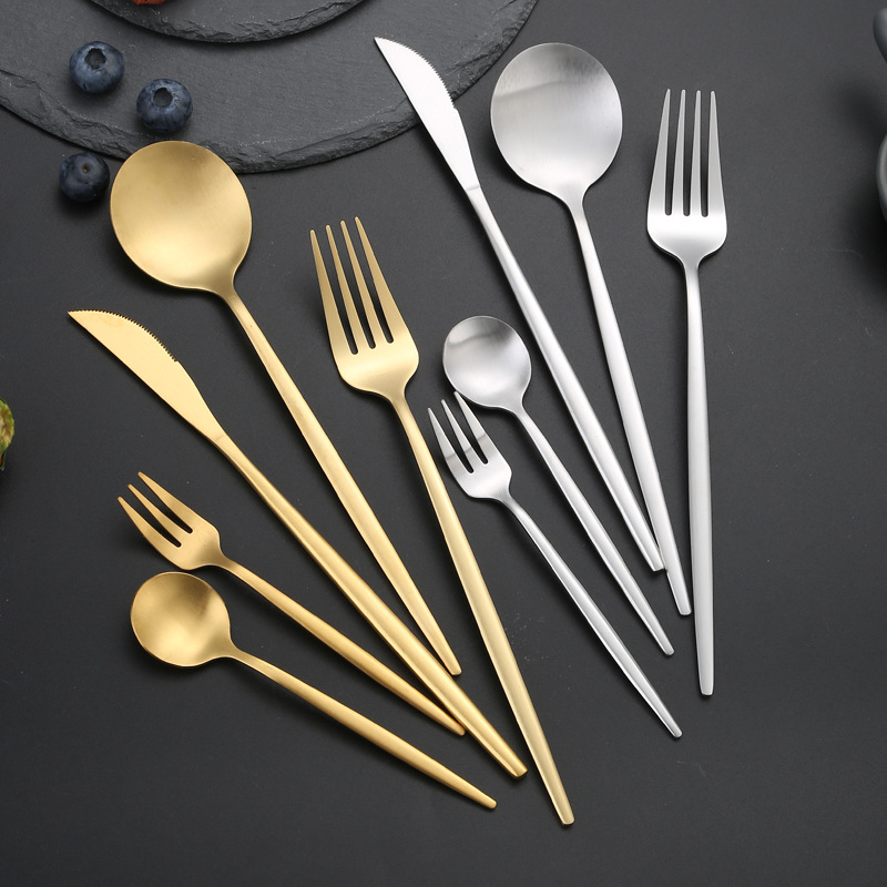 Portuguese tableware sanding knife, fork and spoon four-piece stainless steel spoon steak knife and fork thin frosted coffee spoon Fork Portuguese tableware sanding knife, fork and spoon four-piece stainless steel spoon steak knife and fork thin frosted coffee spoon Fork