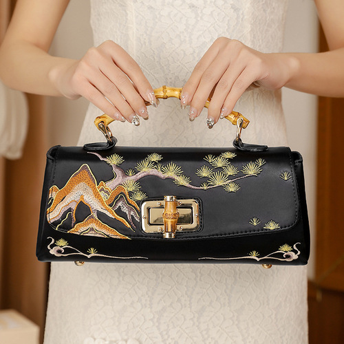 National style embroidered cheongsam leather antique handbag retro women's bag handmade Boston bag dinner republic style