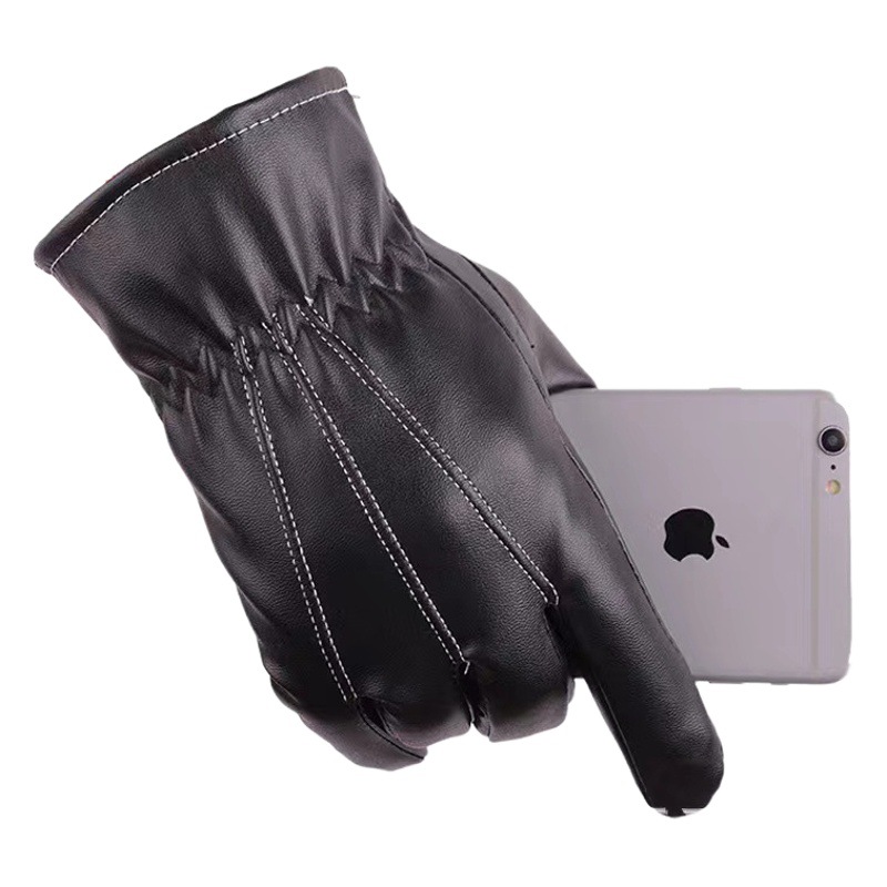 Warm Gloves for Men and Women in Autumn and Winter, Outdoor Cycling Pu Leather Handle, Touch Screen, Velvet, Thickeneded, Cold-Proof, Three-Stranded
