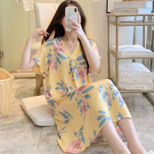 短袖棉绸睡衣女夏薄款人造棉家居长裙睡裙妈妈款大码可外穿绵绸裙
