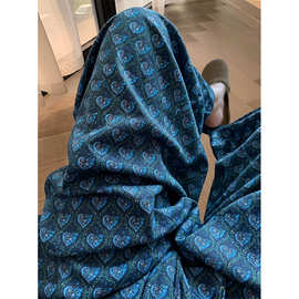 复古氛围感深蓝色爱心睡裤女夏季高腰长裤宽松慵懒垂坠直筒家居裤