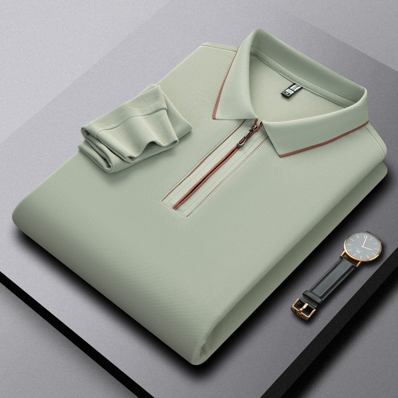 Men's business casual polo shirt with half-zip collar, solid color, long sleeves, suitable for spring and autumn, everyday wear