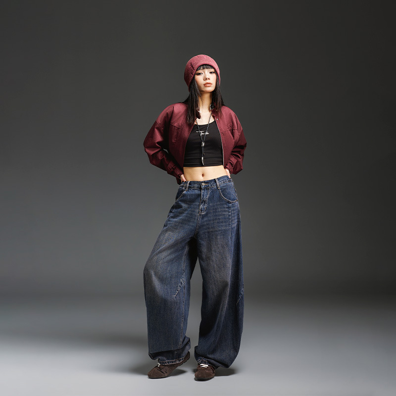 Tuogu Fashionable Retro Washed Blue Straight-Leg Jeans for Women, New Autumn Slim-Fit Loose Wide-Leg Pants