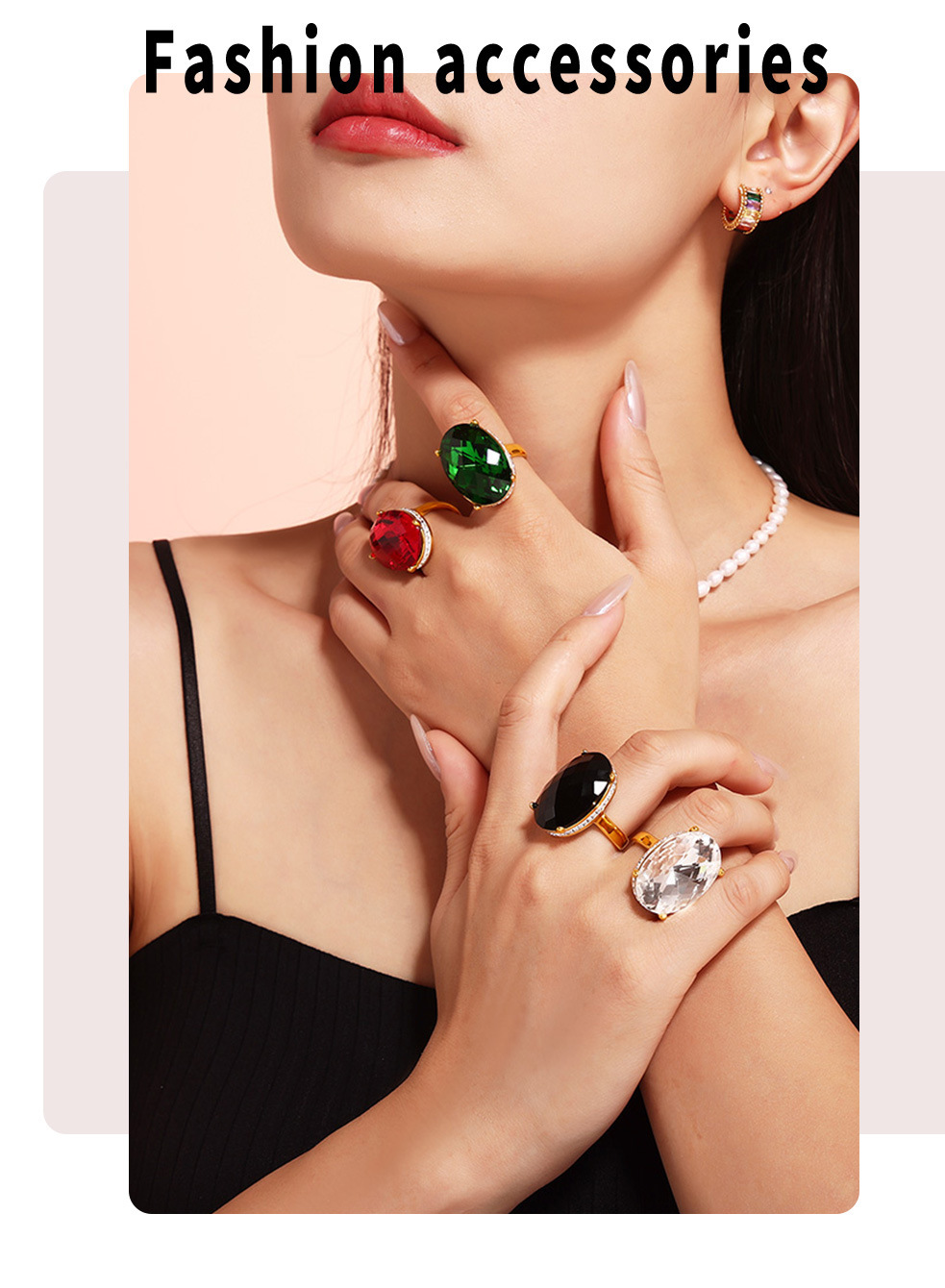 Oval Diamond Large Glass Ring Gold Plated Retro Statement Ring_voghion.com