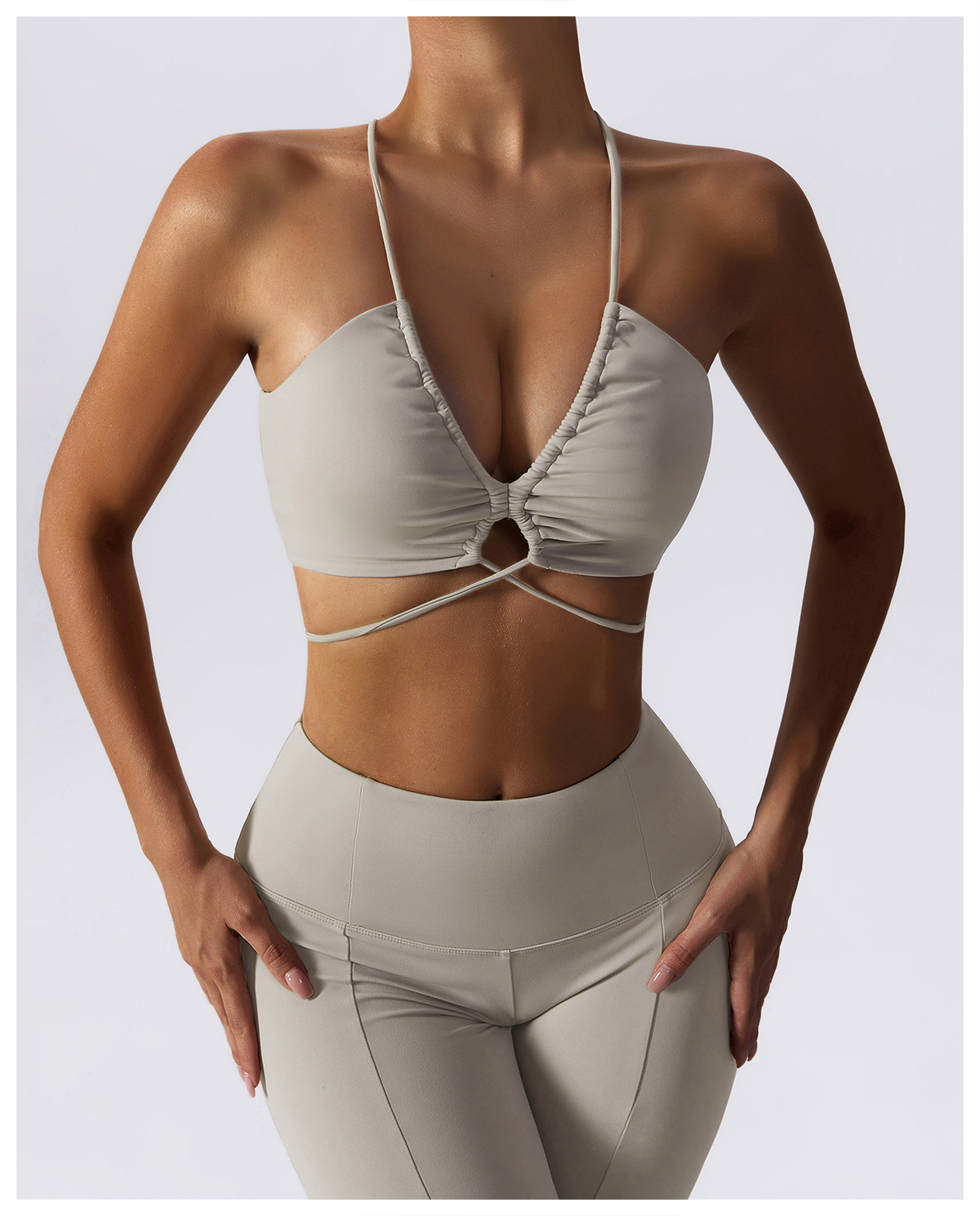 Simple Style Solid Color Nylon Halter Neck Active Tops Halter Crisscross Tank Flared Pants display picture 12