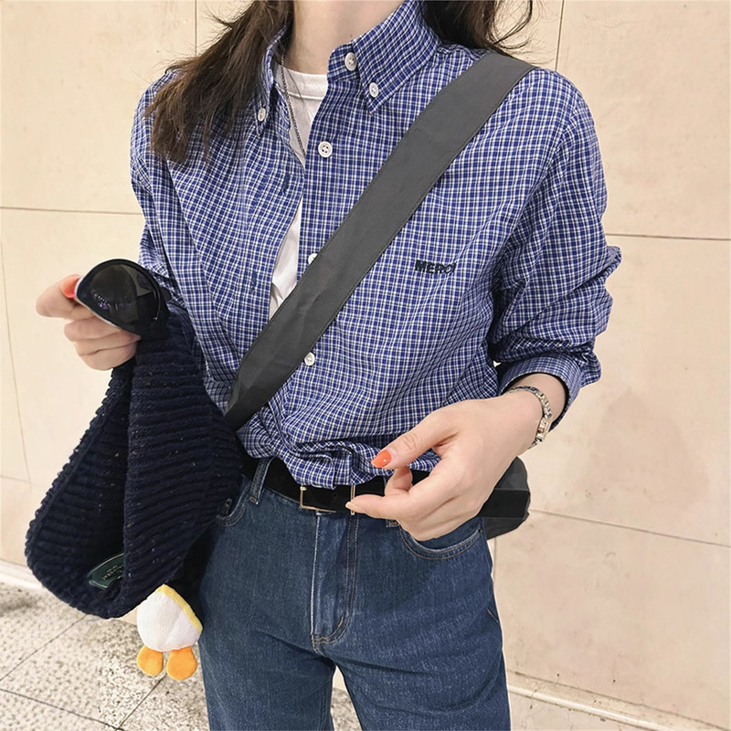Blue Plaid Long-Sleeved Shirt for Women 2026 Spring and Autumn New Stylish Design Niche Hong Kong Chic Layered Shirt