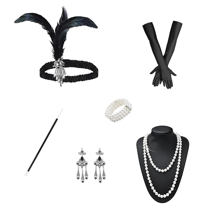 1920S Gatsby Headband Prom Party Feather Headband Costume Accessories with Cigarette Holder Necklace Glove Set