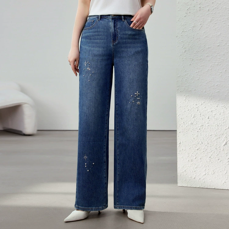 [Модные бусы с бисером, покрывающий мясо, тонкие и широкие джинсы] Funny Show большой размер женский толстый мм весенний новый