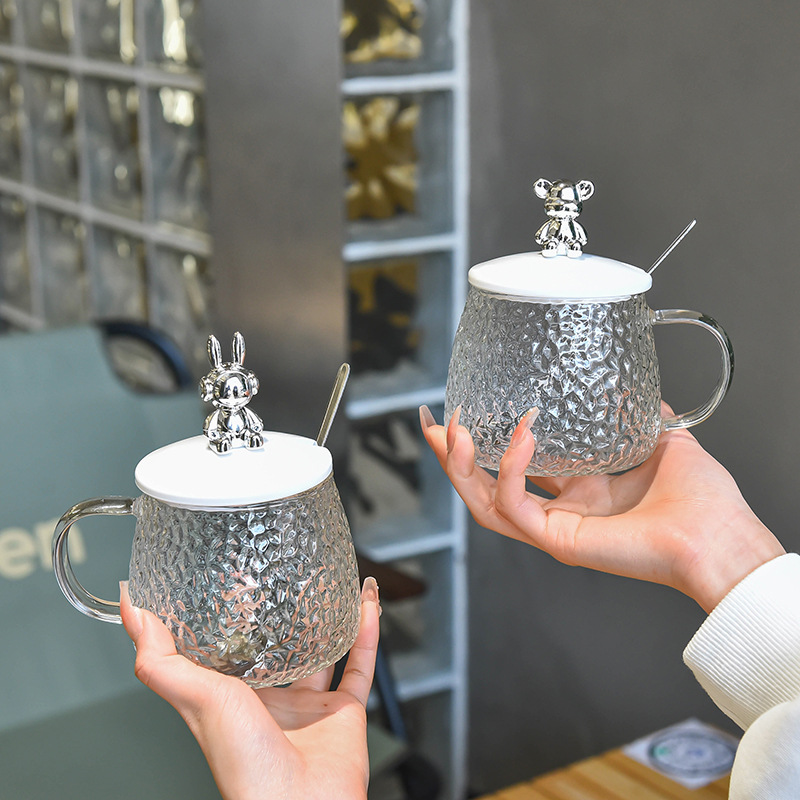 高硼硅小熊馬克杯帶蓋勺耐熱玻璃水杯女生辦公室咖啡杯家用花茶杯