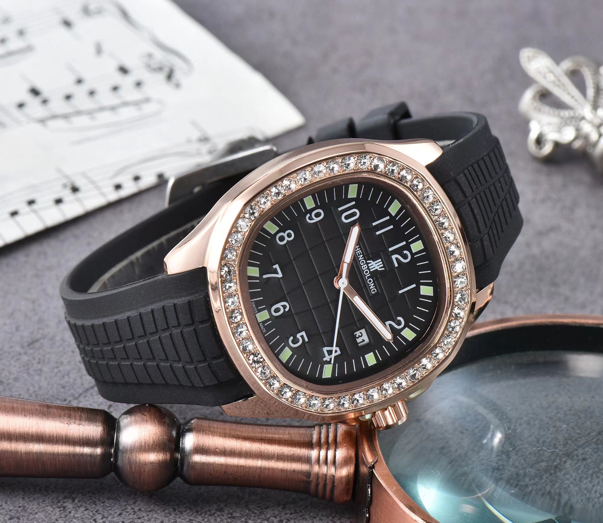 Men's Quartz Watch Square Nautilus Style Diamond Set Silicone_voghion.com