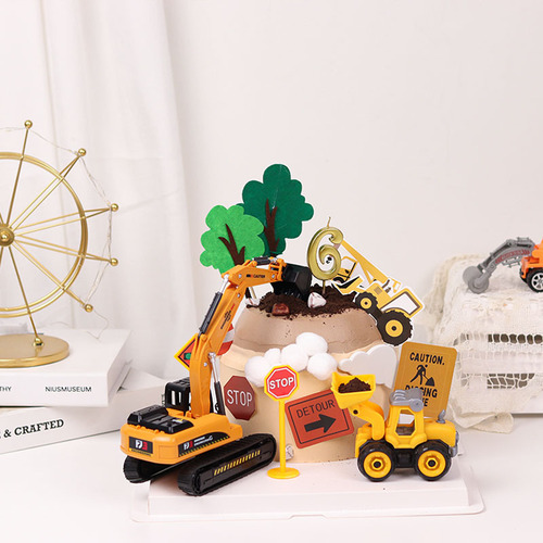 Excavator cake decoration ornaments roadblock sign plug-in felt tree plug-in card one-year-old children's birthday dress