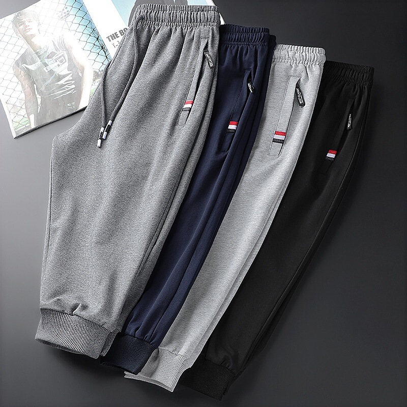 Summer Thin Pure Cotton Knitted Sports Cropped Pants Men's Loose plus size Waist Solid Color Tut Outer Wear Casual Pants