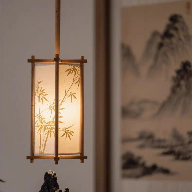 宋代美学极简吧台茶室灯具卧室民宿玄关过道手绘竹叶装饰布艺吊灯