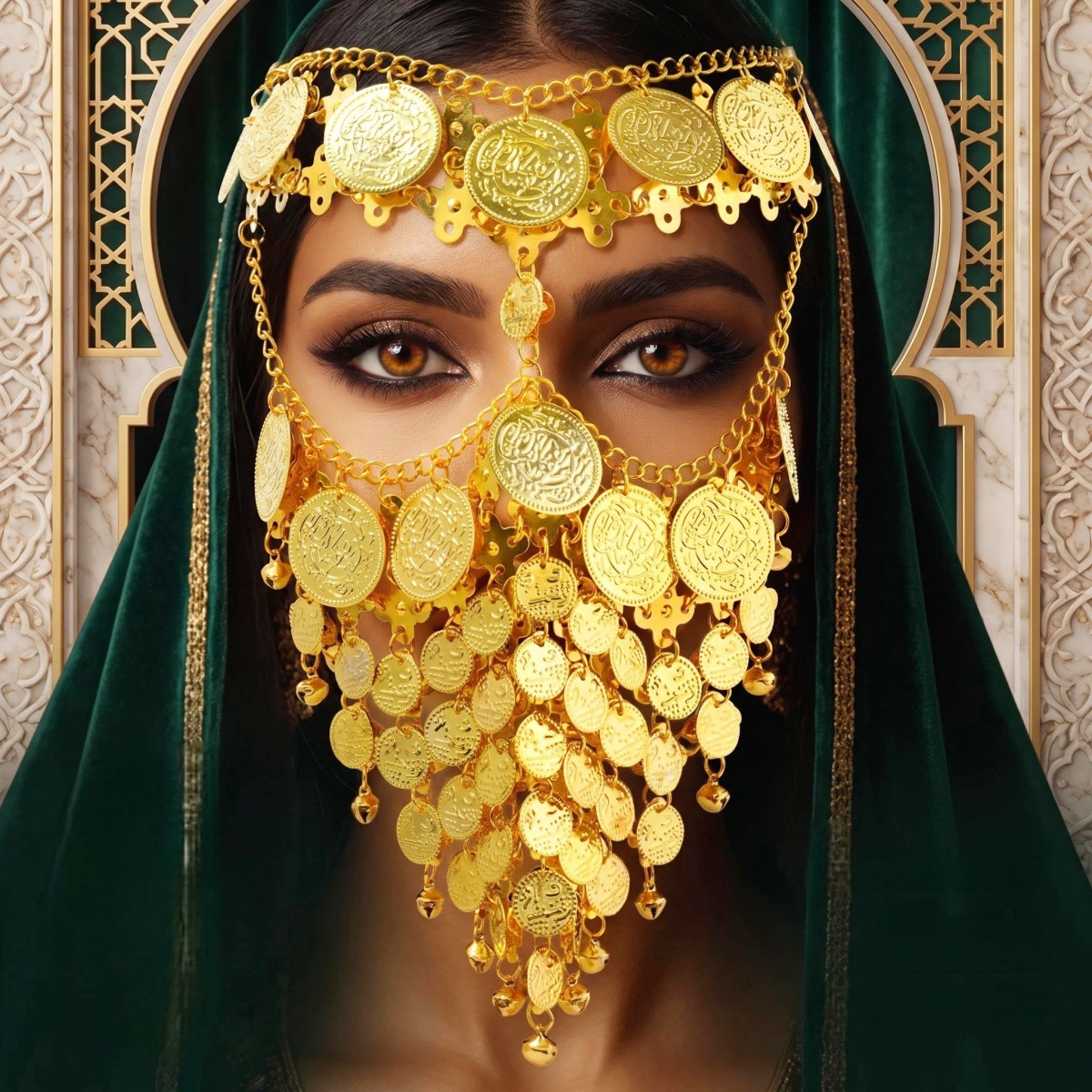Ancient princess-style gold coin tassel headpiece mask, exotic performance party headpiece chain