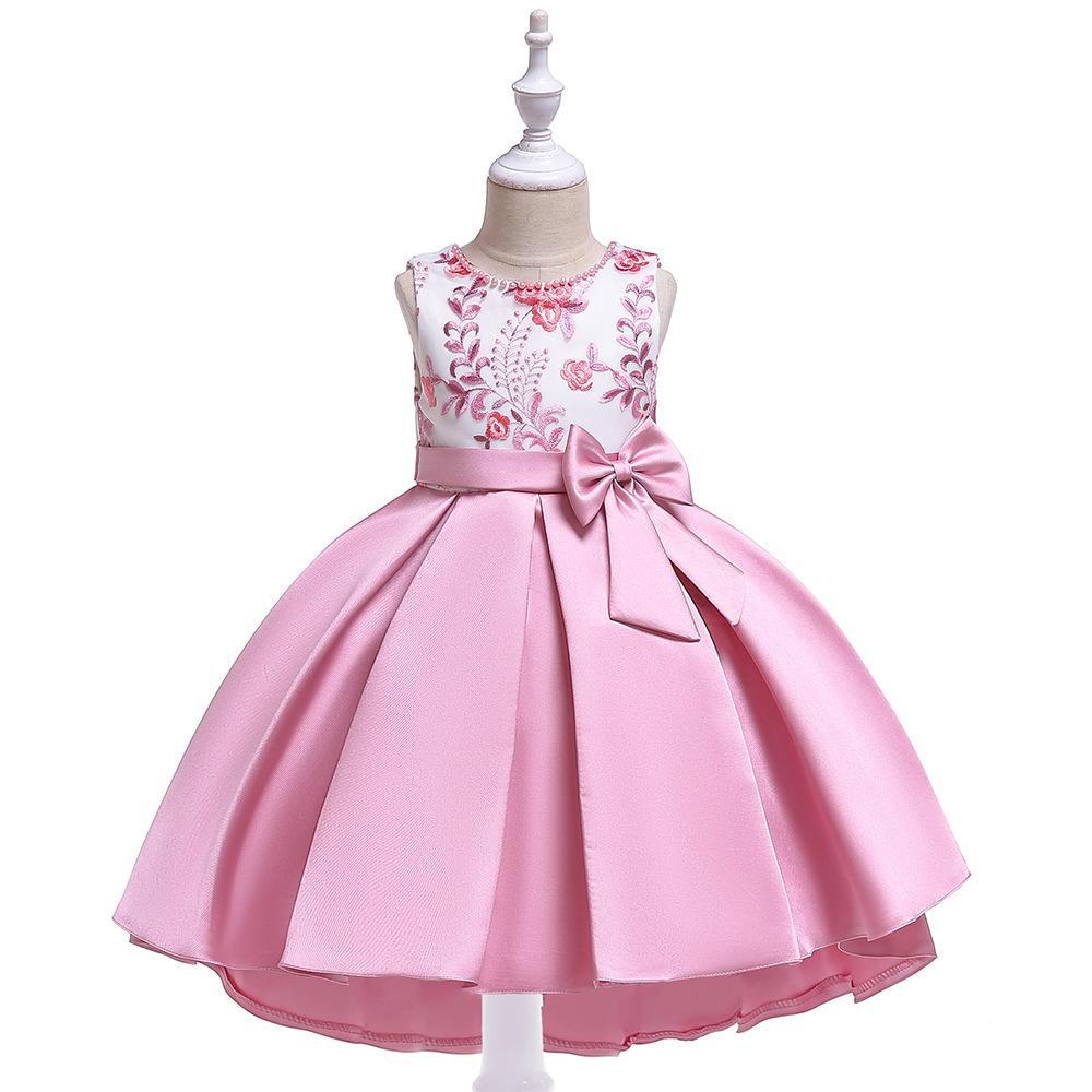 Europeo y americano nuevo trailing vestido niñas hecho a mano con cuentas bordado princesa vestido sarta satén arco dovetail vestido