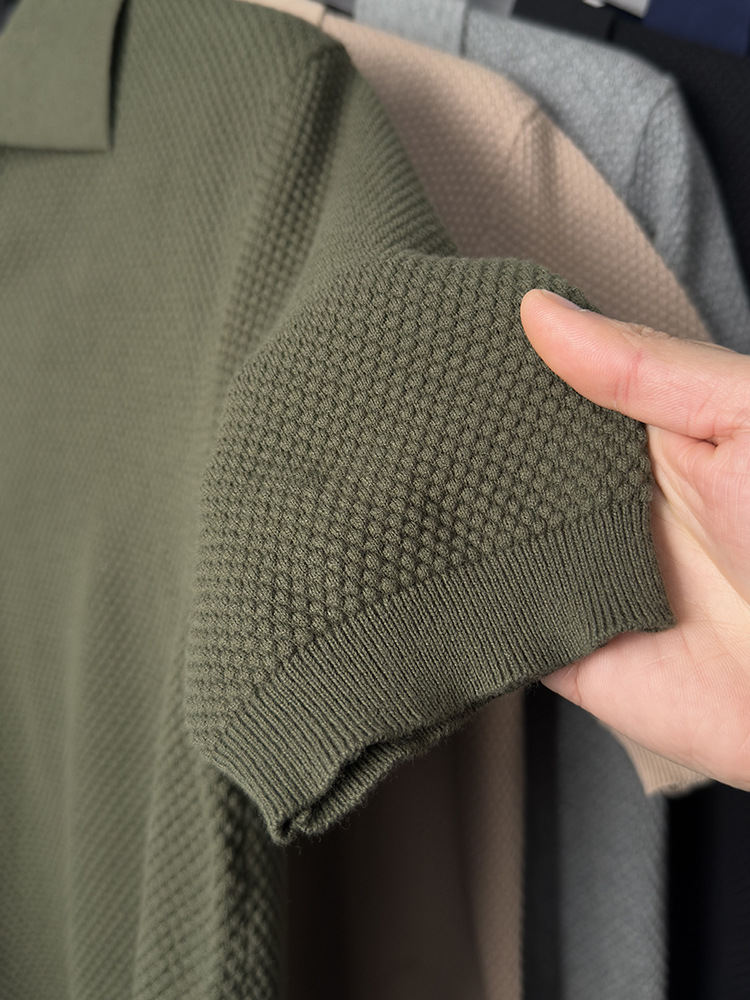 Men's Ice Silk Short Sleeve T-Shirt Summer Thin Solid Color Knitted Top Simple Casual Lightweight V-Neck Polo Shirt_viptrois.com