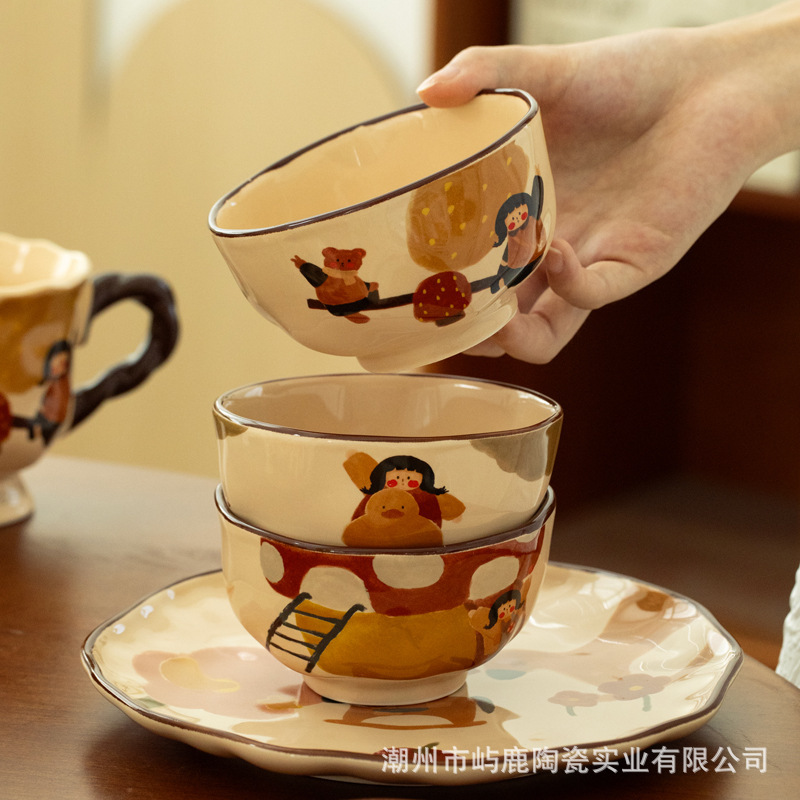 レトロな女の子のセラミック食器ボウルとプレートセット、特に美しい誕生日プレゼント、女性の新築祝いギフトボックスセット|undefined