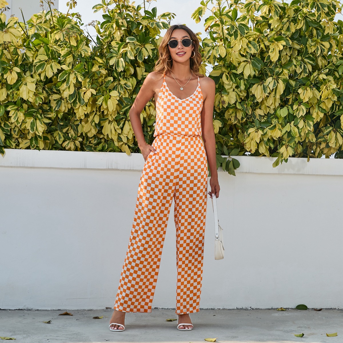 Plaid Printed One Piece Culotte Bohemian Dress Sexy Strap Backless