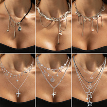 欧美跨境串珠缠绕多层仿珍珠项链 小众五角星形十字架吊坠项饰品