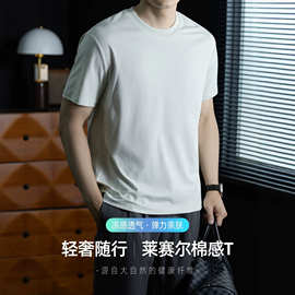 轻奢莱赛尔冰沙棉感圆领 T恤男士夏季凉感短袖 抗皱免烫纯色上衣