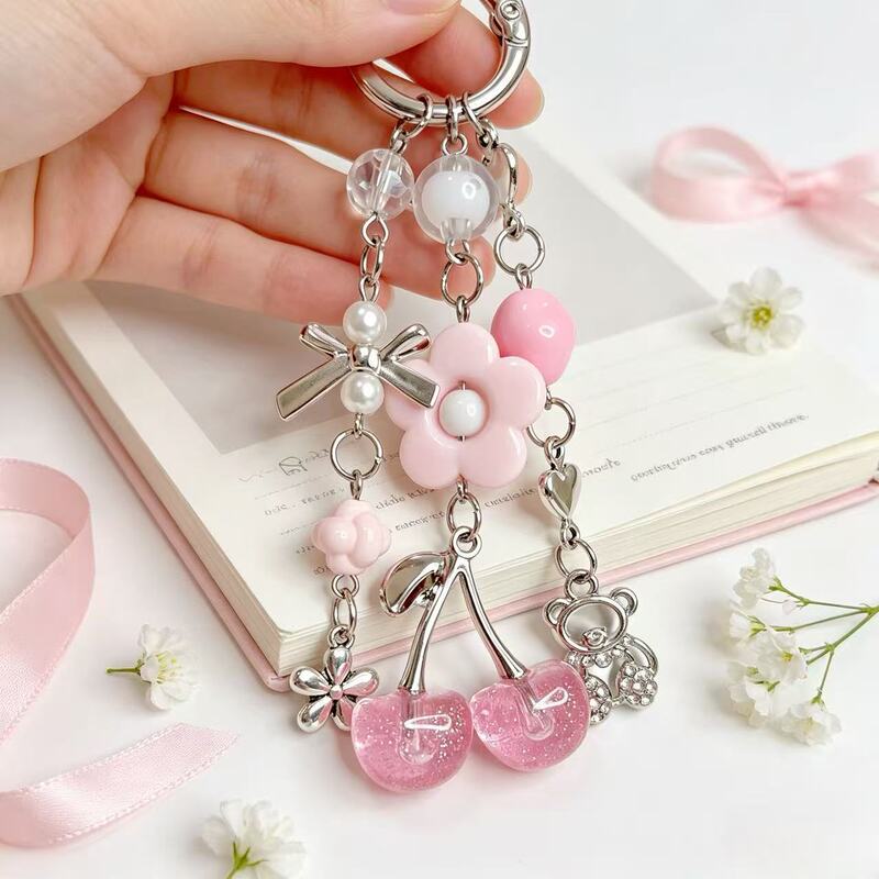 Factory Wholesale Korean-Style Ins Cherry Keychain Beaded Flower Bag Pendant DIY Bear Phone Chain Hanging Chain Factory Wholesale Korean-Style Ins Cherry Keychain Beaded Flower Bag Pendant DIY Bear Phone Chain Hanging Chain
