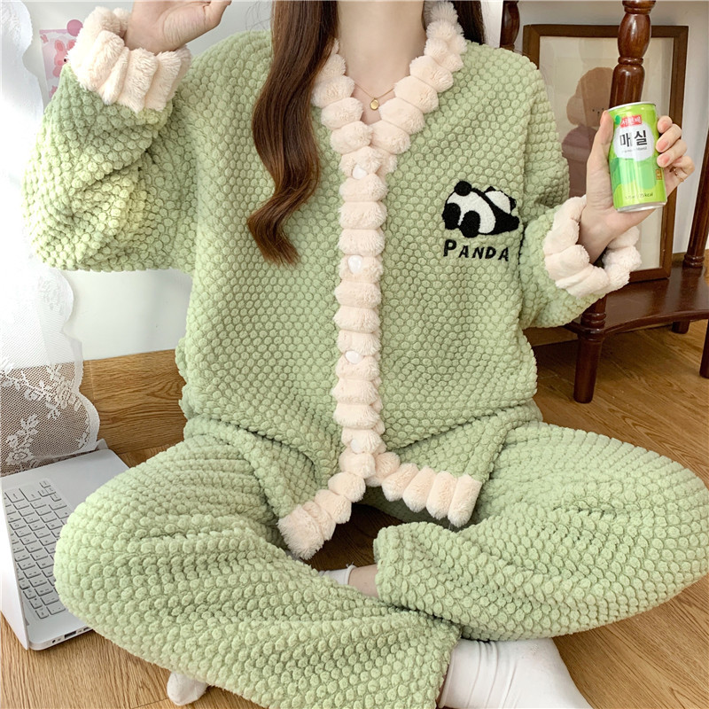 잠옷 여성의 가을 겨울 플란넬 두꺼운 달콤한 귀여운 한국 산호 양털 따뜻한 잠옷 홈 세트