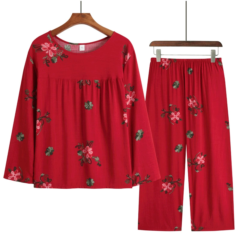Костюм домашней одежды из хлопкового шелка для матери Пижама из искусственного хлопка для женщин среднего и пожилого возраста Весна и осень-лето Свободная пижама с длинными рукавами больших размеров