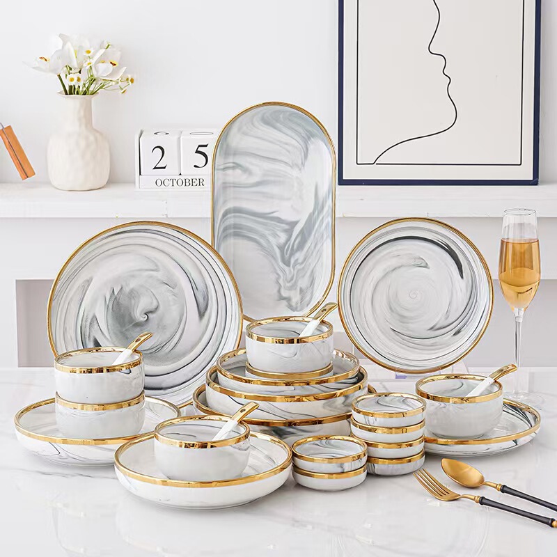 Household 2024 New Tableware and Dishes Set Marble Silver Edge Accessible Luxury Bowl and Plate Combination Single Rice Bowl Dish