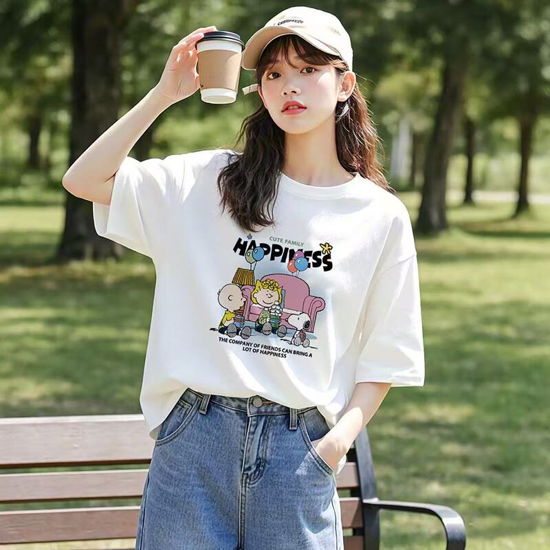 2026 Summer New Snoopy Collaboration Cartoon Print Loose Short-Sleeve T-Shirt for Women, Pure Cotton, Round Neck, Versatile Top 2026 Summer New Snoopy Collaboration Cartoon Print Loose Short-Sleeve T-Shirt for Women, Pure Cotton, Round Neck, Versatile Top