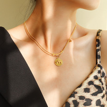 双层叠戴欧美个性气质动物小象圆牌吊坠微笑项链女钛钢锁骨链P931